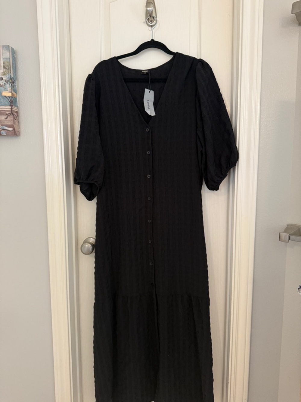 Women's Black Button-Front Maxi Dress with Puff Sleeves
